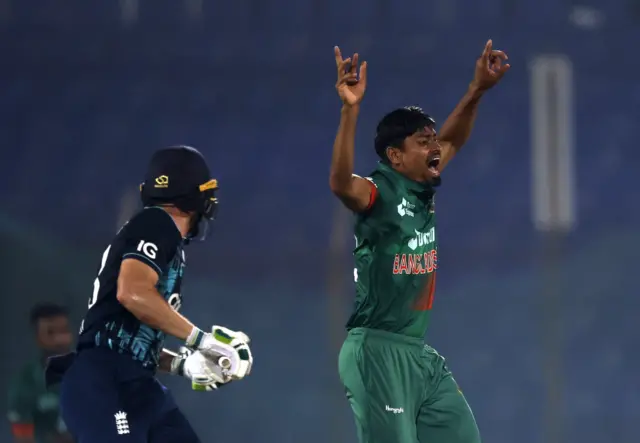 Bangladesh's Taijul Islam successfully appeals for the wicket of England's Jos Buttler