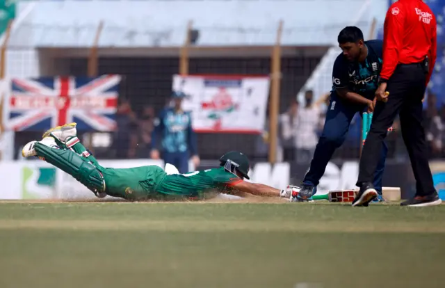 Bangladesh's Najmul Hossain Shanto is run out