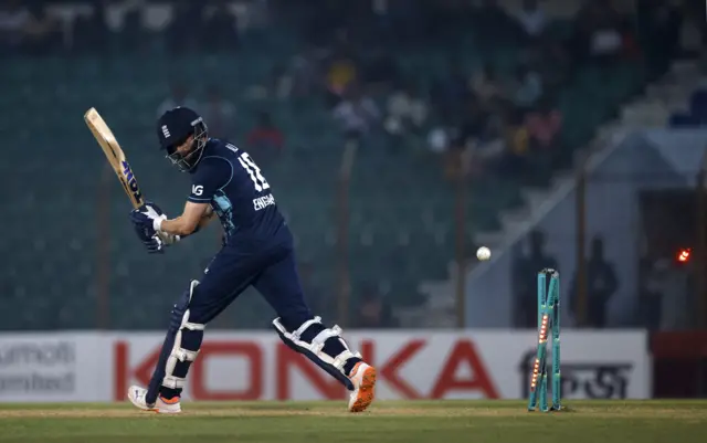 Moeen Ali is bowled by Ebadot Hossain