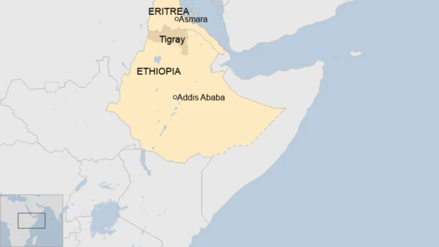 A map showing Eritrea, plus the Tigray region and the rest of Ethiopia.