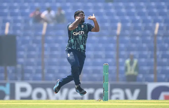 England spinner Rehan Ahmed bowls on his ODI debut v Bangladesh