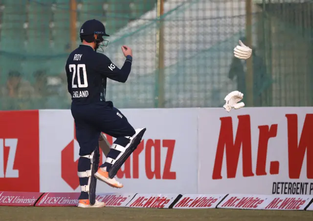 Jason Roy throws his gloves after being dismissed