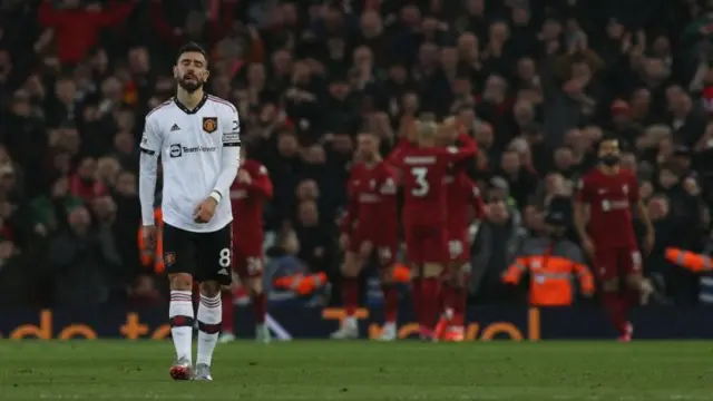 Bruno Fernandes looks despondent as Liverpool score against Man Utd