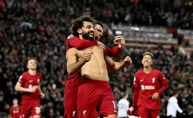 Mohamed Salah celebrates after scoring the sixth goal during Liverpool FC v Manchester United