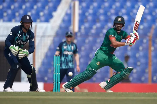 Bangladesh's Najmul Hossain Shanto plays a shot