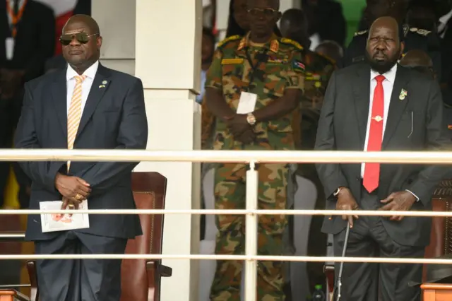 Vice President of South Sudan Riek Machar (L) and President of South Sudan Salva Kiir (R) attend the the holy mass that Pope Francis (not seen) is presiding over at the John Garang Mausoleum in Juba, South Sudan, on February 5, 2023.