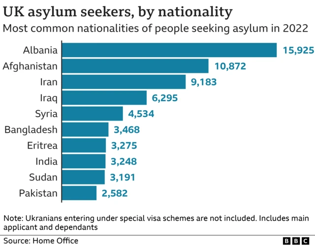 A graph showing UK asylum seekers by nationalities