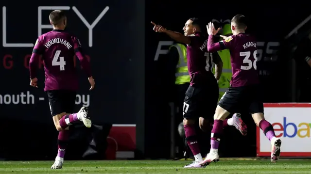 Derby celebrate Nathaniel Mendez-Laing's goal