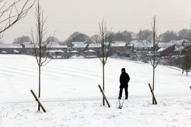 A person walks through a snow-covered park