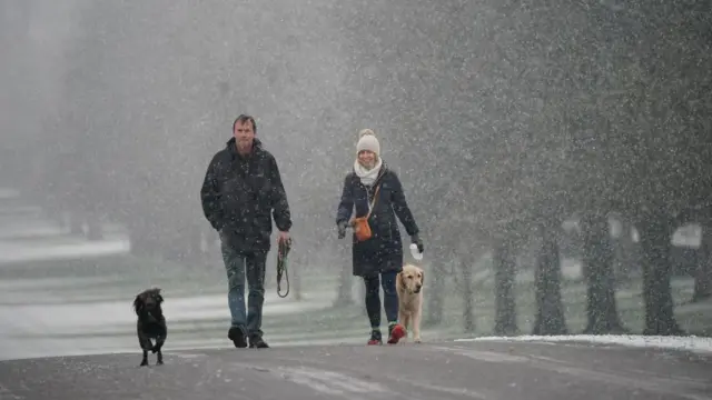 Dog walkers out in the early morning snow on the Long Walk at Windsor Castle