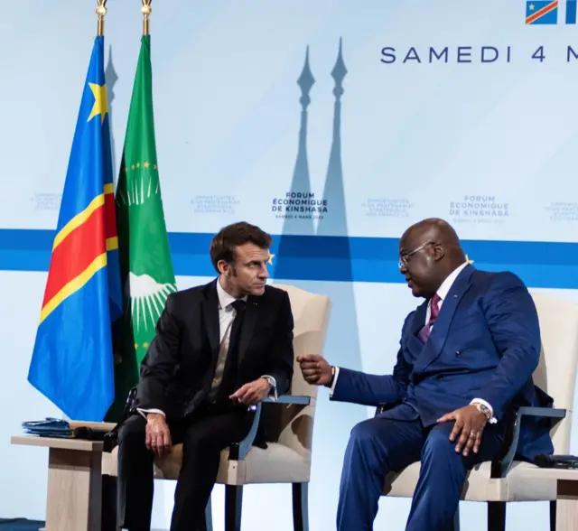 French President Emmanuel Macron and President of Democratic Republic of Congo Felix Antoine Tshisekedi Tshilombo attend Kinshasa Economic Forum in Kinshasa, Democratic Republic of the Congo on March 04, 2023.