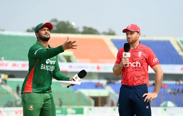 Shakib Al Hasan and Jos Buttler at the toss before the first T20