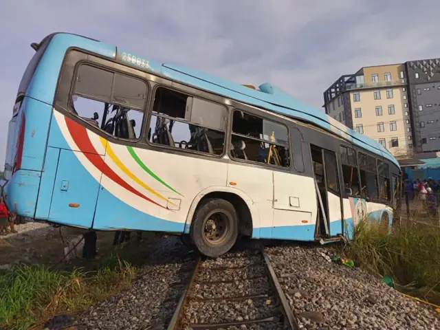 Bus on rail track in Ikeja, Lagos, Nigeria