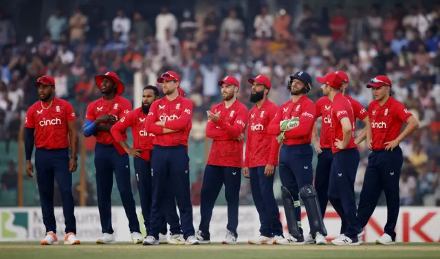 England players wait unsuccessfully for a DRS review for the wicket of Bangladesh's Najmul Hossain Shanto