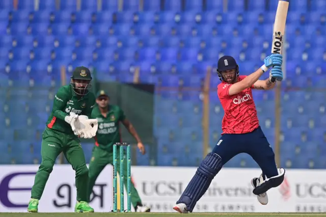 Phil Salt plays a shot in the first T20 between Bangladesh and England