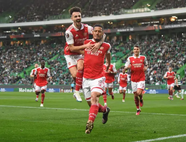 Fabio Vieira and William Saliba celebrate