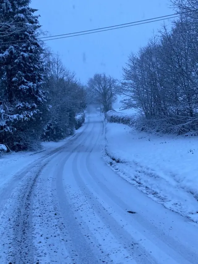 Snowy road near Presteigne, on the border of Herefordshire and Powys