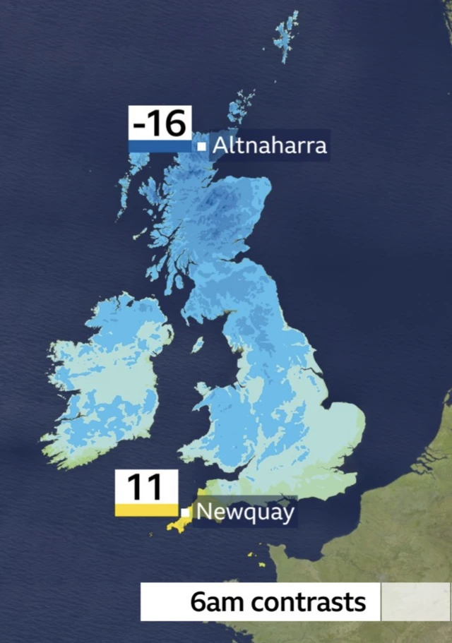 Map of the highest and lowest temperatures in the UK