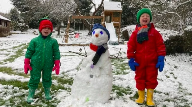 Children in Camarthen made a snowman on Wednesday