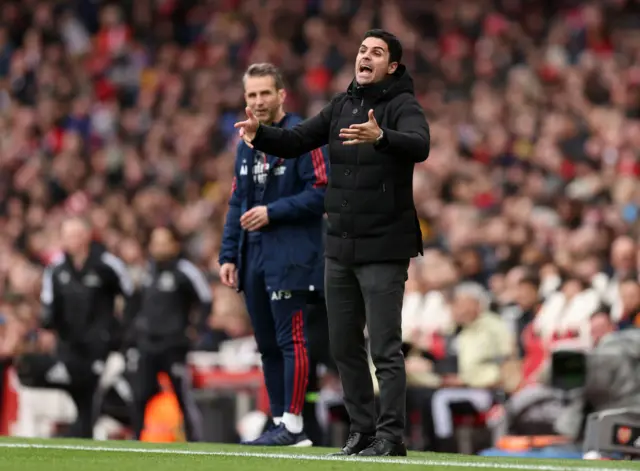 Mikel Arteta, Manager of Arsenal, reacts during the Premier League match between Arsenal FC and Leeds United at Emirates Stadium