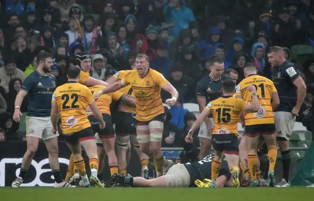 Ulster players celebrate try