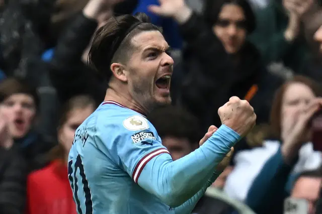 Jack Grealish celebrates scoring v Liverpool.