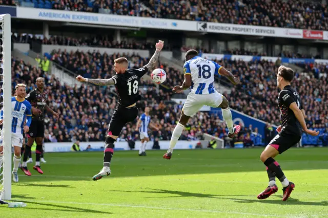 Danny Welbeck of Brighton & Hove Albion scores the team's second goal during the Premier League match between Brighton & Hove Albion and Brentford FC