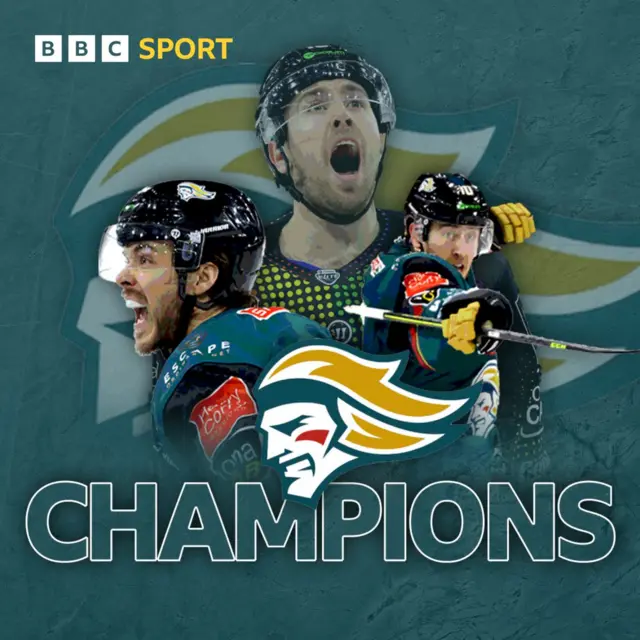 A montage of Belfast Giants players celebrating with the word CHAMPIONS