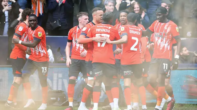 Luton celebrate Gabriel Osho's opener