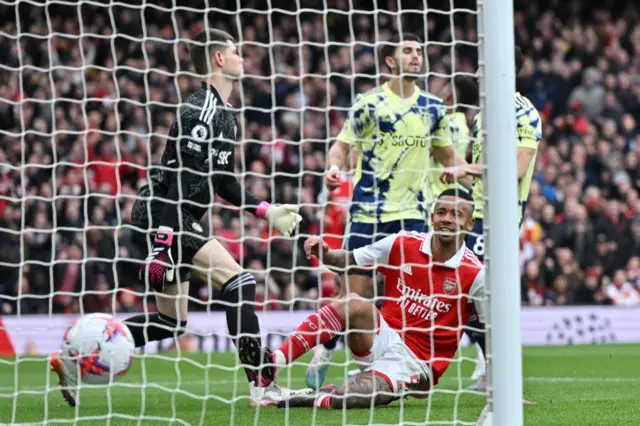 Arsenal's Brazilian striker Gabriel Jesus scores their third goal