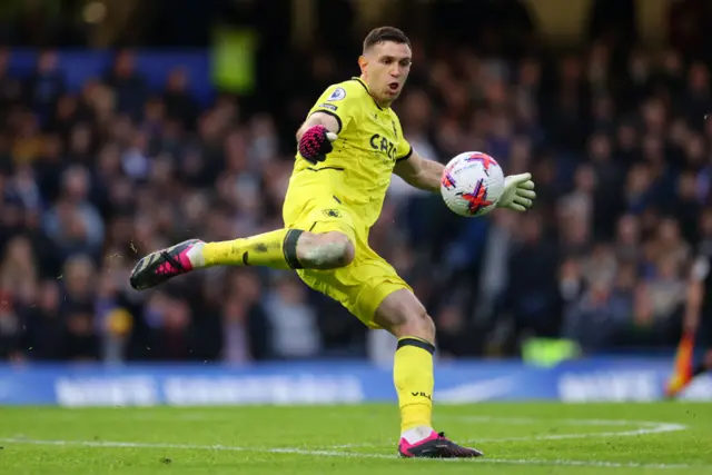 Emiliano Martinez of Aston Villa kicks the ball upfield