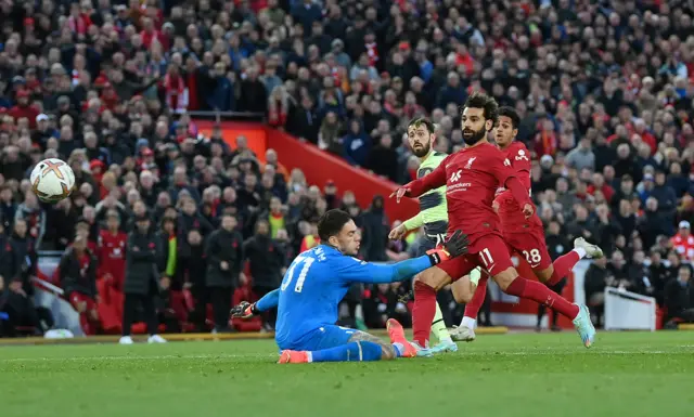 Mohammed Salah scores for Liverpool against Man City at Anfield.