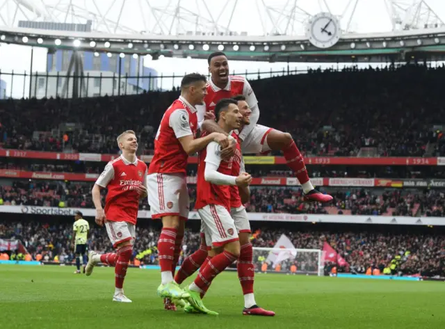 Ben White celebrates scoring the 2nd Arsenal goal with Gabriel Martinelli, Granit Xhaka and Gabriel during the Premier League