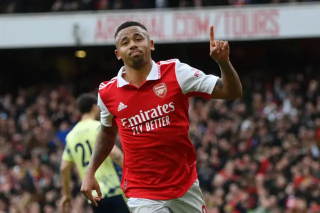 Gabriel Jesus of Arsenal celebrates after scoring the team's first goal during the Premier League match between Arsenal FC and Leeds United at Emirates Stadium