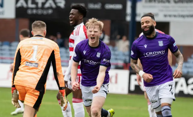 Lyall Cameron celebrates scoring for Dundee against Hamilton