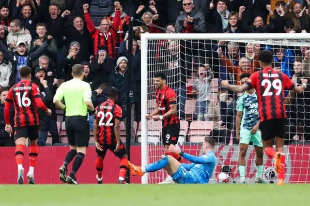 Bournemouth's English striker Dominic Solanke celebrating and the crowd cheering