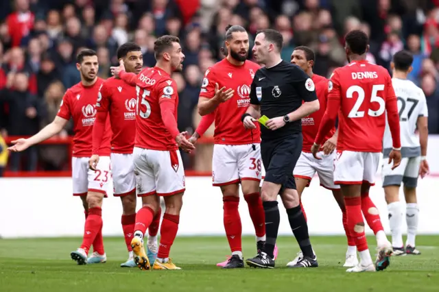 Harry Toffolo of Nottingham Forest complains to Referee Chris Kavanagh during the Premier League match between Nottingham Forest and Wolverhampton Wanderers