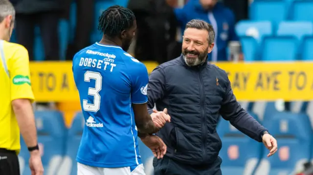 Jeriel Dorsett and Derek McInnes celebrate