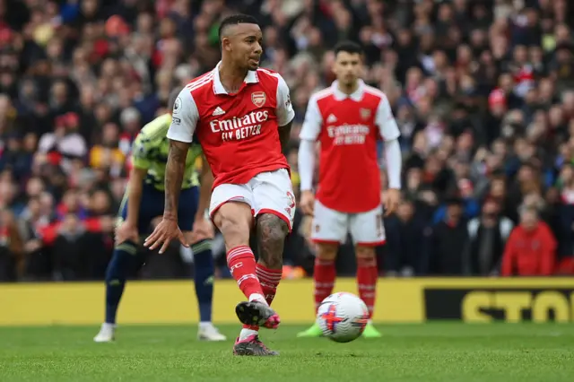 Gabriel Jesus of Arsenal scores the team's first goal from a penalty kick during the Premier League match between Arsenal FC and Leeds United at Emirates Stadium