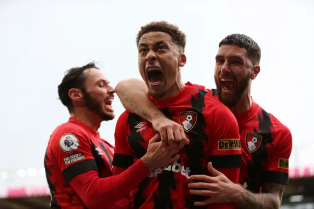 Marcus Tavernier of AFC Bournemouth celebrates after scoring the team's first goal during the Premier League match between AFC Bournemouth and Fulham FC at Vitality Stadium