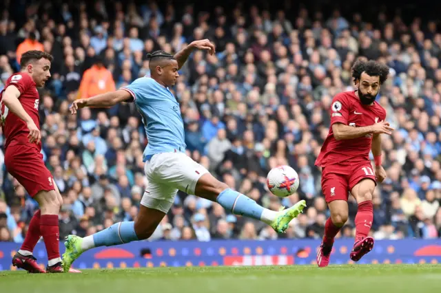 Mohammed Salah scores for Liverpool v Man City.