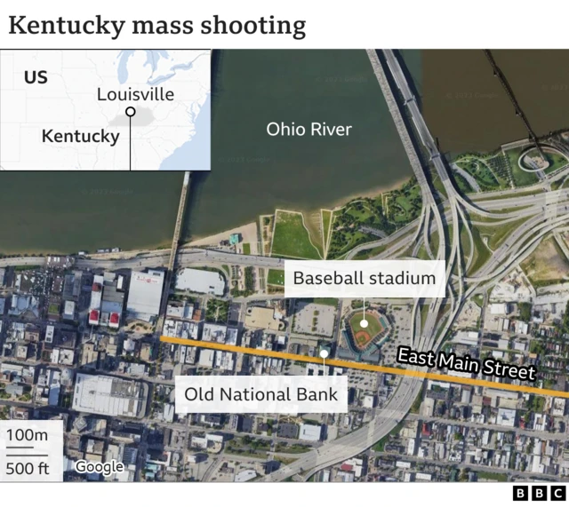 A map of Kentucky, picking out the Old National Bank and the baseball stadium by the Ohio River