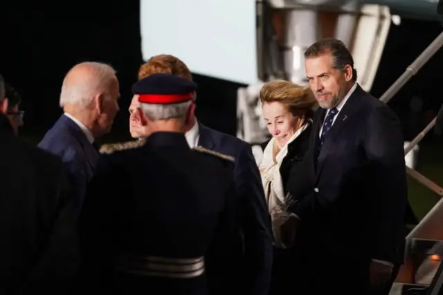 US President Joe Biden's sister Valerie Biden and son Hunter Biden arrive at RAF Aldergrove airbase in County Antrim, Northern Ireland April 11, 2023.