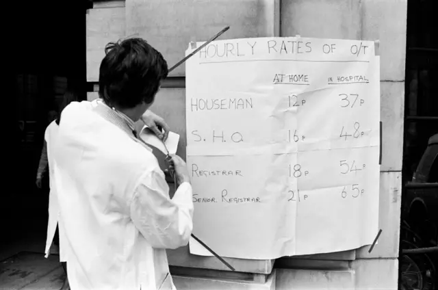 A junior doctor pins NHS hourly rates up outside Middlesex Hospital during the 1975 strike