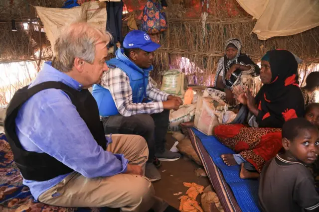 UN chief António Guterres meeting a displaced family in Baidoa, Somalia