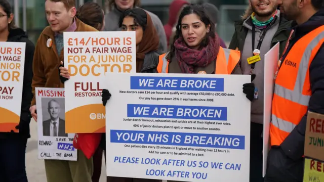 Striking NHS junior doctors on the picket line outside Queen Elizabeth hospital in Birmingham last month