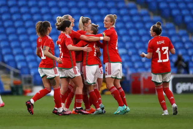 Wales celebrate scoring v Northern Ireland