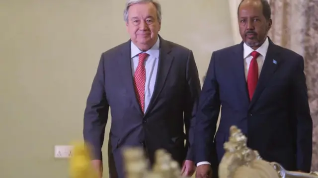 UN Secretary-General Antonio Guterres and Somali President Hassan Sheikh Mohamud arrive for a joint news conference at the presidential palace in Mogadishu, Somalia - 11 April 2023