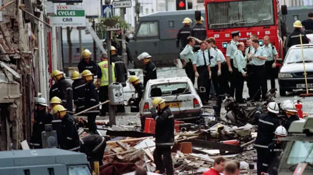 Emergency services attend the scene after the 1998 bombing in Omagh