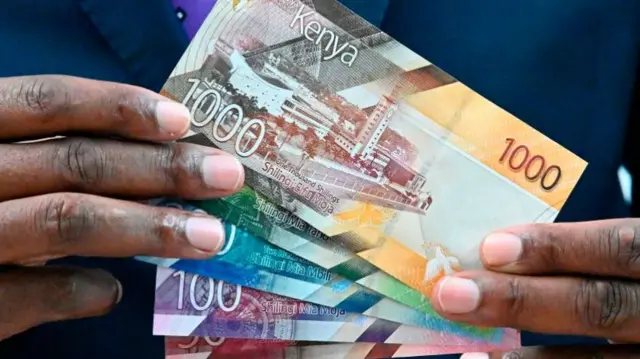 Someone holding Kenyan shilling notes